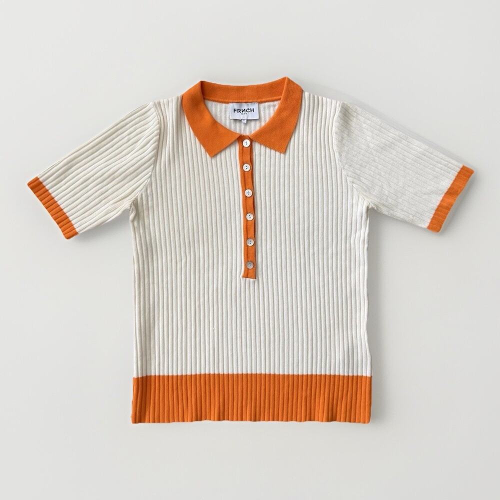 FRNCH Paris Asteria Knit Polo Sweater S Cream/Orange SS23 French Girl Retro Mod